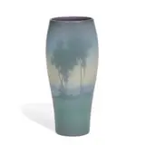 Lenore Asbury for Rookwood Pottery, earthenware Vellum glaze vase with scenic landscape decoration