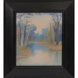 large Vellum glaze plaque decorated with a scenic landscape by Edward T. Hurley for Rookwood Pottery, sold Jun 2021