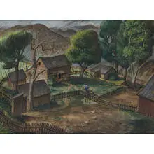 Charles Ragland Bunnell, Early Farmyard Scene with Farmer Pumping Water, 1933