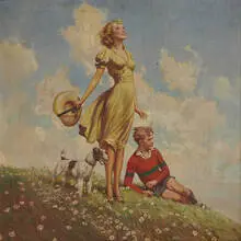 Walter Haskell Hinton, Illustration Art of a Woman, Boy and Terrier in a Summer Meadow