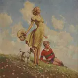 Walter Haskell Hinton, Illustration Art of a Woman, Boy and Terrier in a Summer Meadow