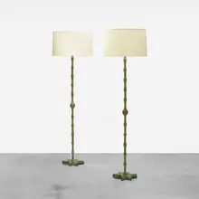 floor lamps, pair by Pepe Mendoza, c. 1960, brass, ceramic inlay, linen, sold Oct 2018