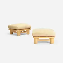 Dowelwood ottomans, pair by Karl Springer, c. 1975, ash, upholstery, sold Oct 2018