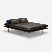 Robert Kleinschmidt, bed from the Robert Kleinschmidt Residence, Chicago, 1972, leather, stained oak, mirror-polished stainless steel, upholstery