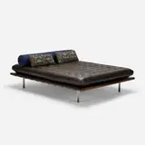 Robert Kleinschmidt, bed from the Robert Kleinschmidt Residence, Chicago, 1972, leather, stained oak, mirror-polished stainless steel, upholstery