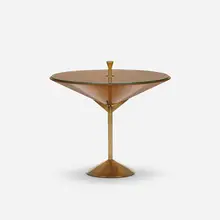 Robert Mango, occasional table, c. 1950, mahogany, brass, glass