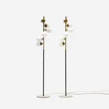 floor lamps, pair by Stilnovo, c. 1960, brass, enameled steel, marble, enameled brass, frosted glass, sold Oct 2018