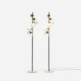 Stilnovo, floor lamps, pair, c. 1960, brass, enameled steel, marble, enameled brass, frosted glass