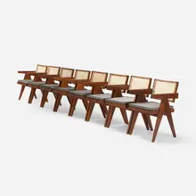 armchairs from Chandigarh, set of eight by Pierre Jeanneret, c. 1955, teak, cane, upholstery, sold Oct 2018