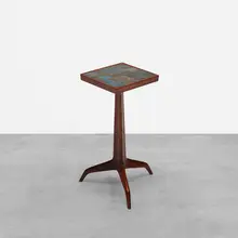 Janus occasional table, model 6047 by Edward Wormley, 1960, lacquered mahogany, Tiffany Studios glass tiles, brass, sold Oct 2018