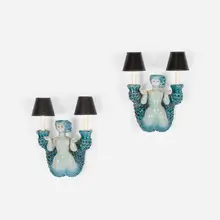 Sirènes wall lights, pair by Georges Jouve, 1948, glazed earthenware, paper, sold Oct 2018