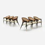 Edward Wormley, armchairs model 5480, set of six, 1954, lacquered wood, cane, leather, brass