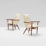 Origins armchairs, pair by George Nakashima, 1958, upholstery, walnut, sold Oct 2018