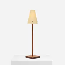 Hermès, table lamp, c. 1990, top-stitched and stacked box leather, paper, matte chrome-plated steel