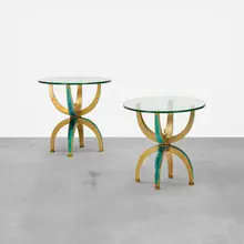 Pepe Mendoza, occasional tables, pair, c. 1958, brass, ceramic inlay, glass