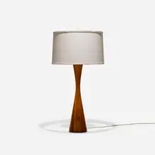 attribution Phillip Lloyd Powell, table lamp, c. 1955, laminated and turned wood, brass, linen