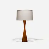 attribution Phillip Lloyd Powell, table lamp, c. 1955, laminated and turned wood, brass, linen