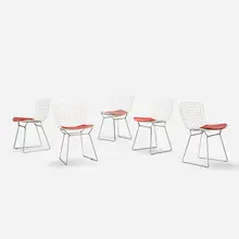 dining chairs, set of five by Harry Bertoia, enameled steel, chrome-plated steel, vinyl, sold Sep 2018
