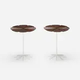Richard Schultz, Petal occasional tables model P320, pair, 1962, enameled aluminum, lacquered redwood