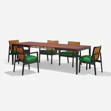 George Nelson & Associates, dining set, 1959, teak, lacquered wood, vinyl, cane