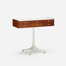 Miniature chest, model 5215 by George Nelson & Associates, 1952, walnut, stained ash, laminate, enameled aluminum, porcelain, sold Sep 2018