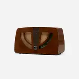 Charles and Ray Eames, radio, model 6D030, 1946, walnut plywood, brass, upholstery, Bakelite