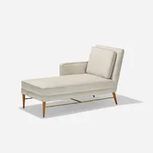 chaise lounge by Paul McCobb, c. 1955, upholstery, brass, walnut, sold Sep 2018