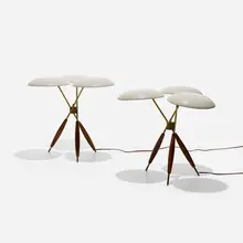 Gerald Thurston, table lamps, pair, c. 1955, enameled steel, brass, walnut