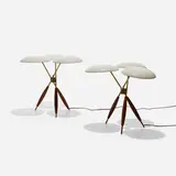 Gerald Thurston, table lamps, pair, c. 1955, enameled steel, brass, walnut