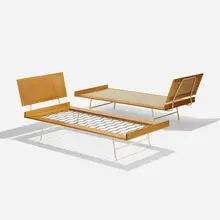 Thin Edge beds model 5491, pair by George Nelson & Associates, 1955, walnut, cane, enameled steel, sold Sep 2018