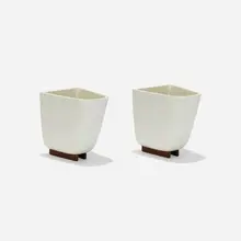 planters model DB-2, pair by Malcolm Leland, c. 1961, glazed stoneware, redwood, sold Sep 2018