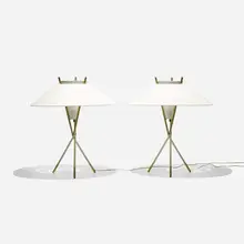 Modernist, table lamps, pair, c. 1950, enameled aluminum, perforated and enameled steel, linen