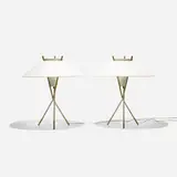 Modernist, table lamps, pair, c. 1950, enameled aluminum, perforated and enameled steel, linen