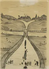 Untitled by L. S. Lowry, Laurence Stephen Lowry RA (1887-1976) 'Village on a Hill' lithograph, sold Apr 2021