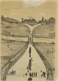 L. S. Lowry, Untitled, Laurence Stephen Lowry RA (1887-1976) 'Village on a Hill' lithograph