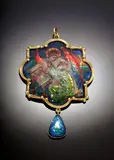 Pheobe Ann Traquair, 'The Finished Task', a gold and polychrome enamel pendant, dated 1906, of quatrefoil form with polychrome enamel scene and suspending a blue enamel drop,