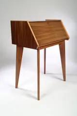 Neil Morris, A Cumbrae Range Bureau, manufactured by Morris of Glasgow, Australian walnut and sycamore lined with fitted interior on tapering supports