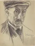 Max Liebermann, Selbstbildnis mit Schirmmütze, 1923, Kreide, weiß gehöht, auf grauem Papier (aus einem Zeichenblock)