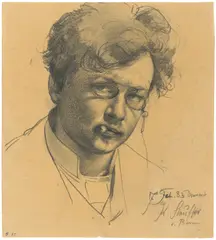 Karl Stauffer-Bern, Selbstbildnis mit Zigarette, 1883, Bleistift auf braunem Papier