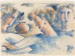 Oskar Schlemmer, Freundesgruppe mit Tisch und Vase, 1935, Pastell auf festem Papier (Rückseite des Vordrucks für den Bauhaus-Unterricht „Der Mensch“)