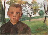 Paula Modersohn-Becker, Brustbild eines Jungen vor Apfelbäumen, 1901, Öl auf Pappe