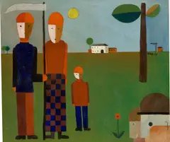 Franz Wilhelm Seiwert, Ländliche Familie (Familie Jatho)“ („Die Landarbeiter“), 1923, Öl auf Pappe auf Holz