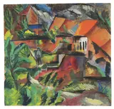 Otto Dix, Häuserreihe, Um 1916, Gouache und Öl über Bleistift auf braunem Papier