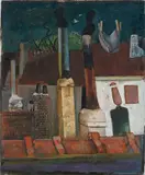 Felix Nussbaum, Nächtlicher Ausblick aus dem Atelier mit Geschirrtuch (Über den Dächern), Um 1940, Öl auf Leinwand