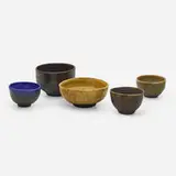 Collection of five works by Toshiko Takaezu, 1985-1995, glazed porcelain, glazed stoneware, sold Feb 2024