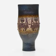 Early and Tall chalice form by Edwin and Mary Scheier, c. 1960, glazed stoneware with sgraffito decoration, sold Feb 2024