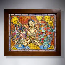 Judith Schaechter, Beehive Hell, 1989, sandblasted, engraved, and enameled stained glass, copper foil, paint, lightbox