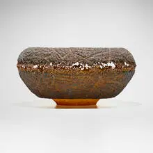 Amber/Marine Blue Vessel by Keith and Deanna Clayton, 2003, pâte de verre, electroplated copper, sold Feb 2024