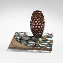 Michael Glancy, Cascading Fusion, 1999, blown and battuto glass, industrial plate glass, copper, acrylic