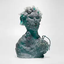 Bust with Jumper by Hank Murta Adams, 1990, cast glass, patinated copper, sold Feb 2024